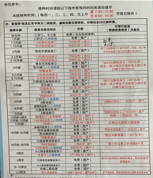 二类疫苗收费表